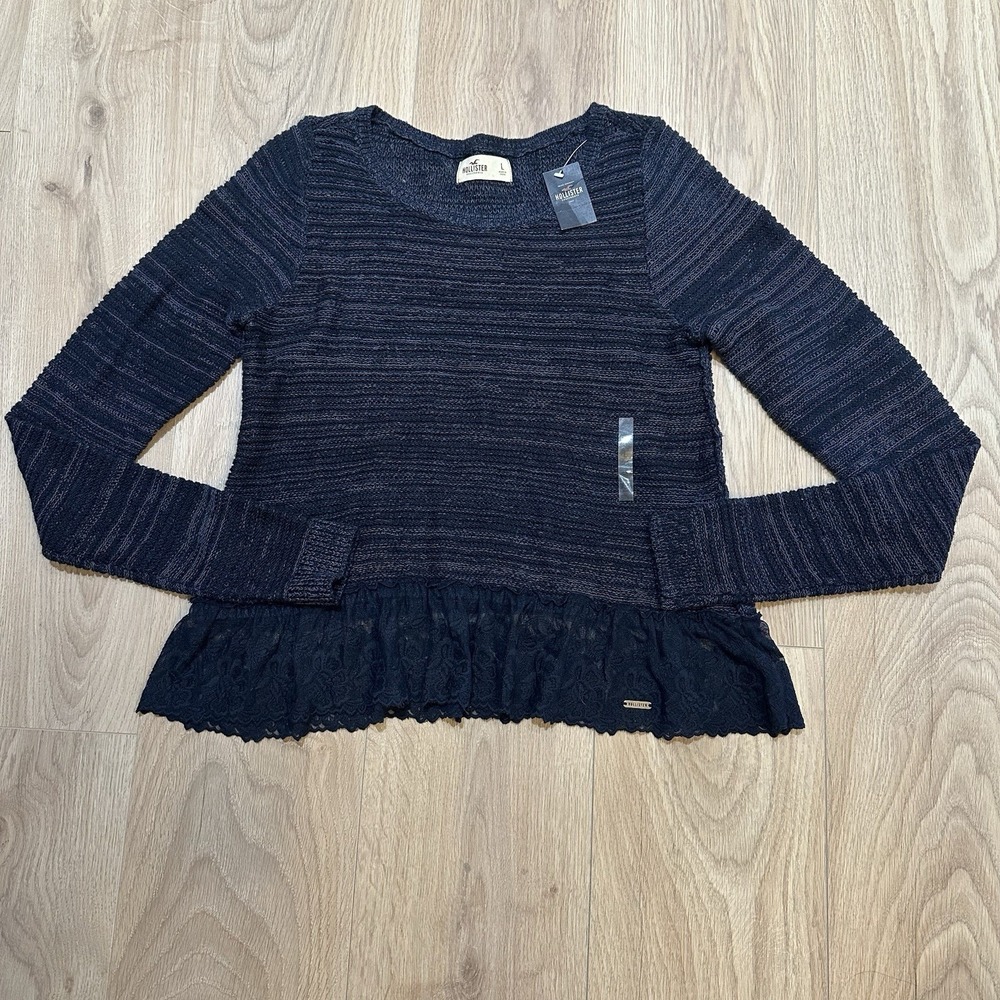NWT VTG Hollister Women's JR Sweater Long Sleeve Blue Lace Trim Sz L Y2K Preppy